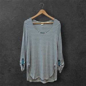 Akemi + Kin Anthropologie Navy Striped Roll Tab Sleeve Tunic Top Small